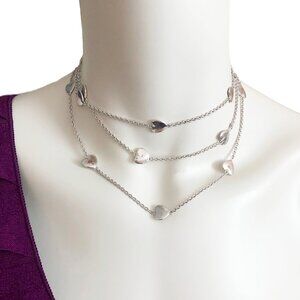 Lauren G Adams Long Silver Tone Heart Station Necklace 46" Pink Enamel Tag